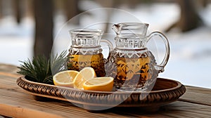Glass teapot and cup of tea with lemon on wooden table outdoors