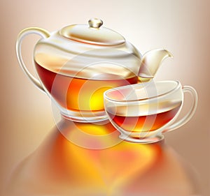 Glass teapot and cup with tea with love