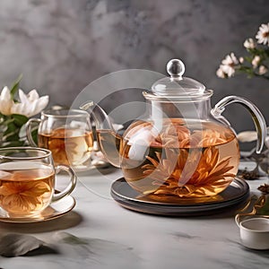 A glass teapot filled with blooming tea, showcasing a mesmerizing display of unfurling petals in hot water1