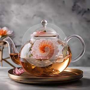 A glass teapot filled with blooming tea, showcasing a mesmerizing display of unfurling petals in hot water2