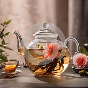 A glass teapot filled with blooming tea, showcasing a mesmerizing display of unfurling petals in hot water3