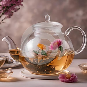 A glass teapot filled with blooming tea, showcasing a mesmerizing display of unfurling petals in hot water4