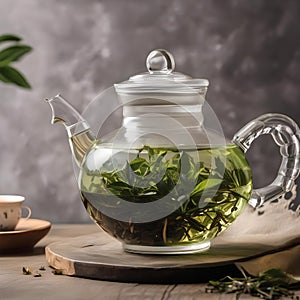 A glass teapot filled with loose tea leaves and hot water steeping into a fragrant infusion1