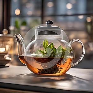 A glass teapot filled with loose tea leaves and hot water steeping into a fragrant infusion2
