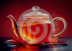 Glass teapot with hot tea and flowers