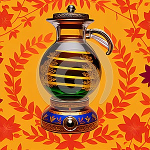 Glass teapot in an oriental style with a striking orange background.