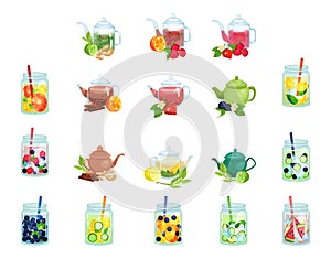 Glass Teapots with Aromatic and Spicy Fruit Tea and Jar with Lemonade and Straw Big Vector Set