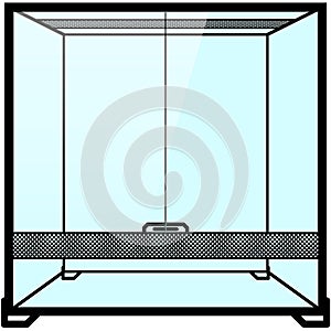 Glass terrarium, paludarium with ventilation grille and glass doors. Terrarium illustration graphic
