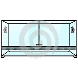 Glass terrarium, paludarium with ventilation rosettes and glass doors. Terrarium illustration graphic