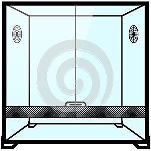 Glass terrarium, paludarium with ventilation rosettes and glass doors. Terrarium illustration graphic