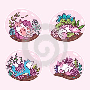 Glass terrariums with cute cats and garden in cartoon style. Trendy botanical stickers.