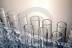 Glass test tubes placed in a laboratory rack