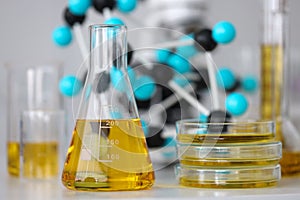 Glass test tubes with yellow viscous liquid stand on table in chemical laboratory closeup