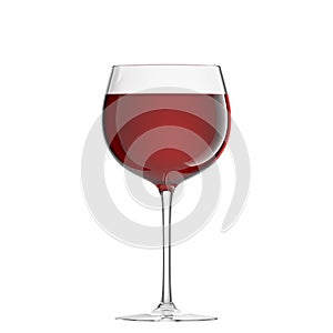 A glass on a thin leg with red wine on a white background. Front view. 3D rendering