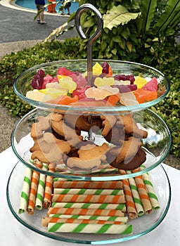 Glass three layer cake stand for outdoor pool party