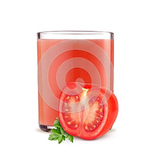 Glass of tomato juice and cut tomatoes isolated on white background