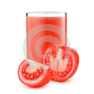 Glass of tomato juice and cut tomatoes isolated on white background