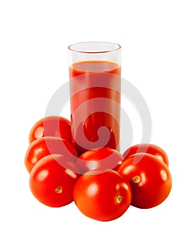 Glass with tomato juice and ripe tomatoes isolated on white