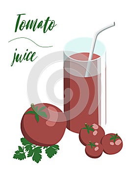 Glass of tomato juice served with ripe tomatoes and parsley. Isolated on white background