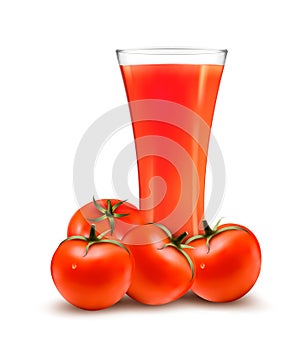 A glass of tomato juice and some ripe tomatoes.