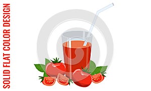 Glass of tomato juice, tomatoes and basil. Vector flat colors