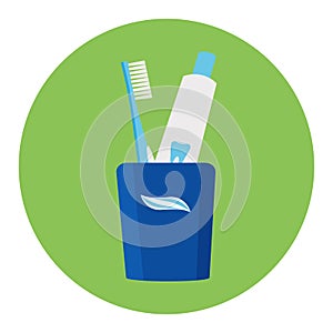 Glass with toothbrushes and toothpaste. Vector illustration. Dental care
