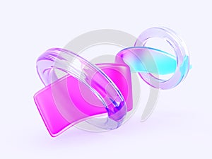 Glass translucent ribbon with crystal rings, abstract background 3d render. Rainbow wave tape or liquid water flow with