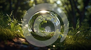 A glass transparent ball, symbolizing the planet, lies on the grass in the forest against the background of the sunset