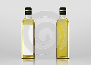 Glass transparent blank bottle with olives oil. Package mock-up