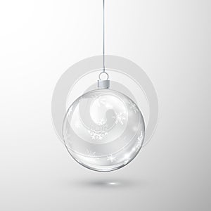 Glass transparent Christmas ball ornate by snowflake. Element of holiday decoration. Vector illustration