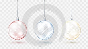 Glass transparent Christmas balls. Element christmas decorations. Shiny colorful toys with golden red and blue glow. Vector