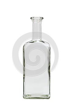 Glass transparent empty simple square bottle on isolated background.