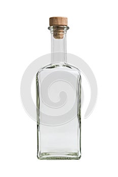 Glass transparent empty simple square bottle with plug on isolated background.