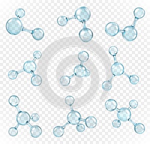 Glass transparent molecules model. Reflective and refractive abstract molecular shape isolated on transparent background