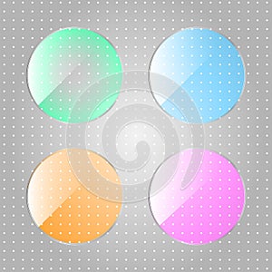 Glass transparent plate. Vector, round, glossy set. With color glossy coating. Empty plastic frame. Round illustration with white