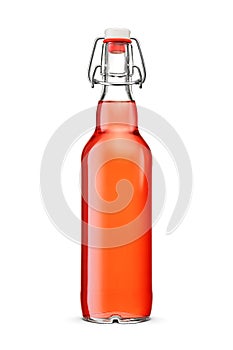 Glass transparent swing bottle with red low alcohol or soft drink without label isolated on a white