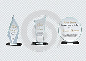 Glass Trophy Awards template. Vector prize isolated on transparent background