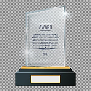 Glass trophy plaque award. Glossy transparent prize. Vector illustration.