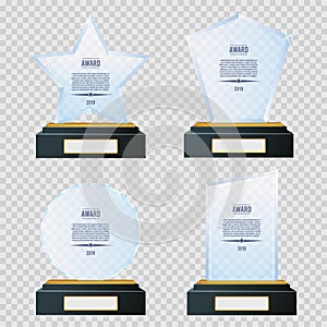 Glass trophy plaque awards vector set. Glossy transparent prizes.