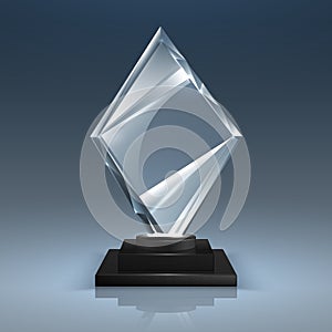Glass trophy. Realistic transparent winner award, 3D glass or acrylic competition prize. Vector isolated blank crystal