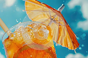 Glass with Tropical fruit cocktail or lemonade on the sandy beach or sea coast, sunny summer day background, AI