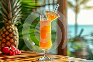 Glass with tropical non-alcoholic cocktail with pineapple juice. AI generated.