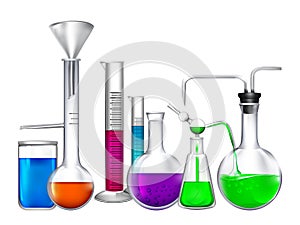 Glass tube with different chemical liquid ingredients. Laboratory eqipment