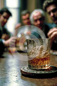 Glass tumbler of whisky in 1980s retro style