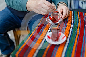 Glass of Turkish tea, selective focus. Traditional Turkish tea