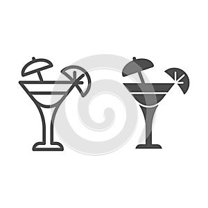 Glass with umbrella and slice of lemon line and solid icon, drinks concept, fresh cocktail drink with umbrella and