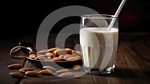 A Glass Of Unsweetened Almond Milk With A Straw. Generative AI