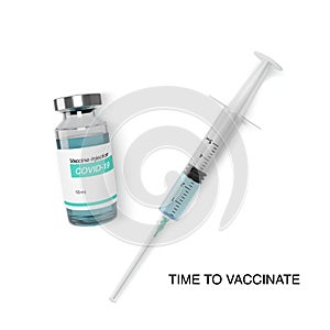 Glass vaccine bottle with syringe. Vaccination medicine global programs care about health. Vector illustration isolated on white
