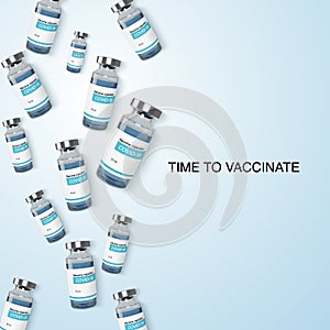 Glass vaccine bottle. Vaccination medicine global programm banner. Vector illustration