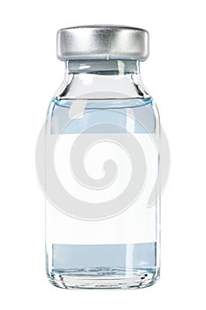 Glass vaccine drug vial filled with blue liquid with blank white label for text. Isolated